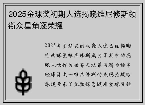2025金球奖初期人选揭晓维尼修斯领衔众星角逐荣耀 2025金球奖初期人选揭晓维尼修斯领衔众星角逐荣耀