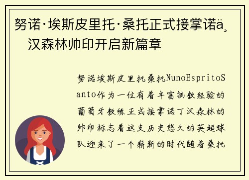 努诺·埃斯皮里托·桑托正式接掌诺丁汉森林帅印开启新篇章 努诺·埃斯皮里托·桑托正式接掌诺丁汉森林帅印开启新篇章